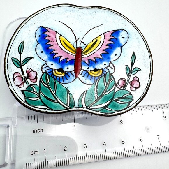 Vintage Chinese Canton Enameled Trinket Box Butterfly Floral Motif Handcrafted - Picture 2 of 11
